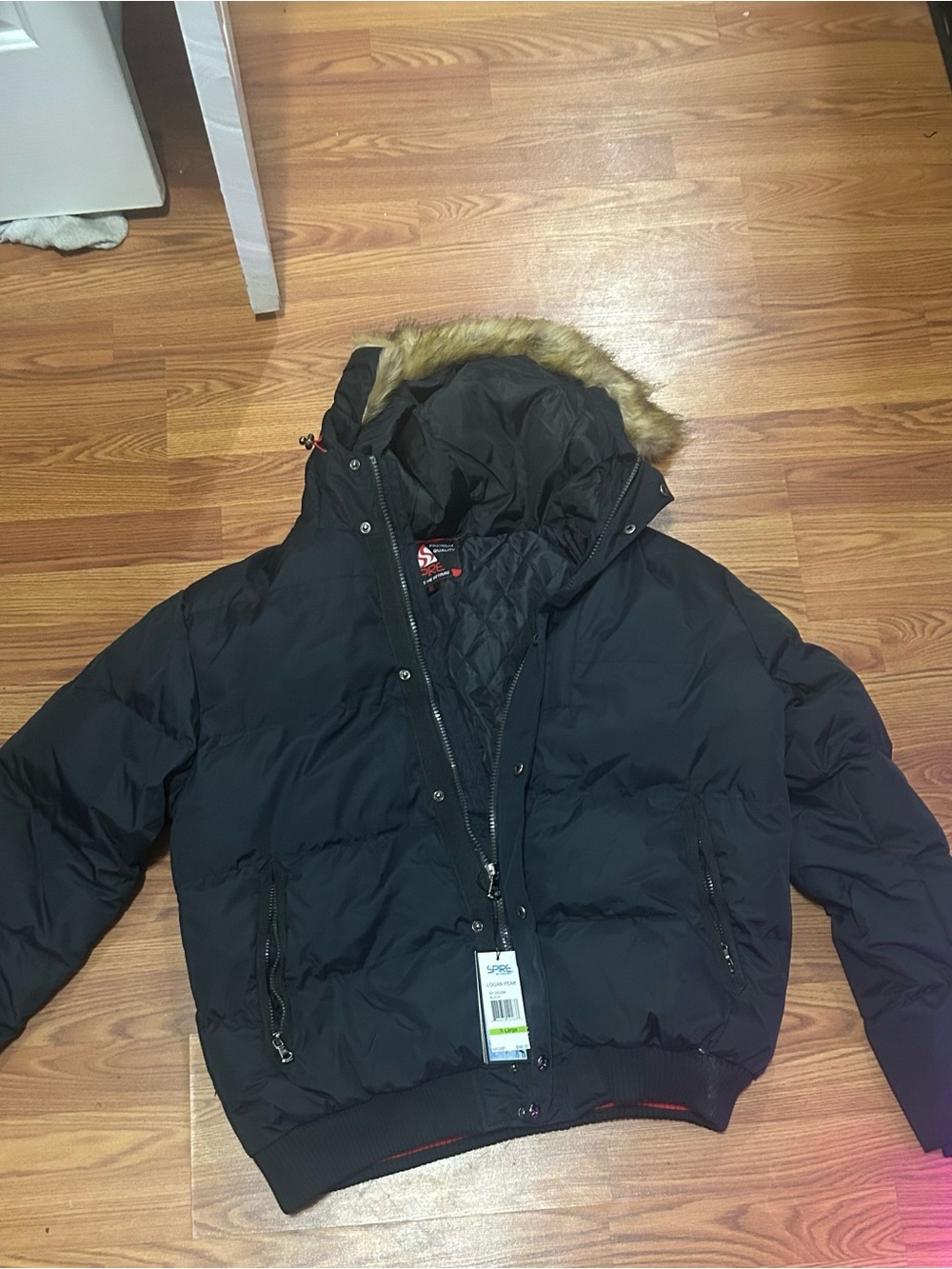 Spire Logan peak Men's Black Quilted Puffer Jacket with Faux Fur Hood